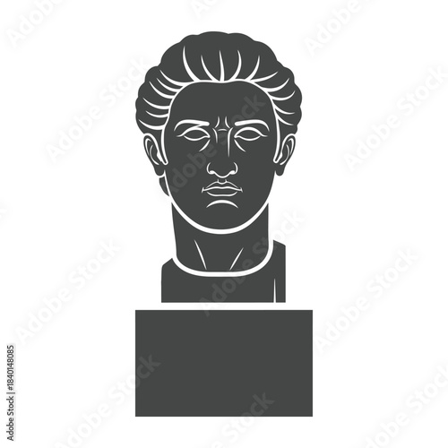 a striking black and white illustration depicts a classical bust of a man with detailed facial features and a solid base