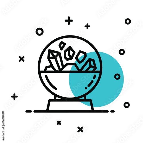 a minimalist illustration depicts a crystal ball filled with various shaped crystals and accompanied by abstract geometric symbols high quality professional