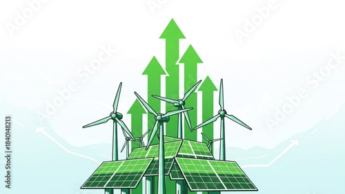 Green energy growth concept solar panels and wind turbines with rising arrows symbolizing renewable power economy and sustainability