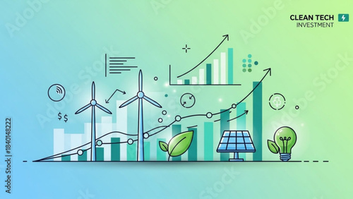 Clean tech investment growth chart with wind turbines solar panel and leaf icon concept for renewable energy finance