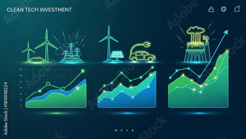 Clean tech investment growth renewable energy icons and financial charts concept for sustainable business and future economy