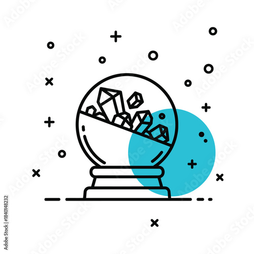 a simple line art illustration depicts a crystal ball filled with gemstones and a teal backdrop plus subtle symbols high quality