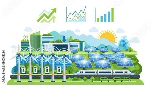 Sustainable city landscape with renewable energy sources wind turbines solar panels and futuristic train concept for green technology