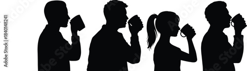 Silhouette people drinking mug, casual beverage moment, coffee tea gesture, black profile art, human posture, lifestyle illustration, daily habit