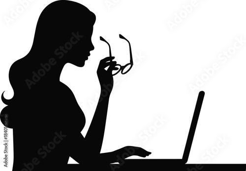 Silhouette person at desk, laptop user, thoughtful posture, black figure, minimal style, remote work, online study, digital workspace