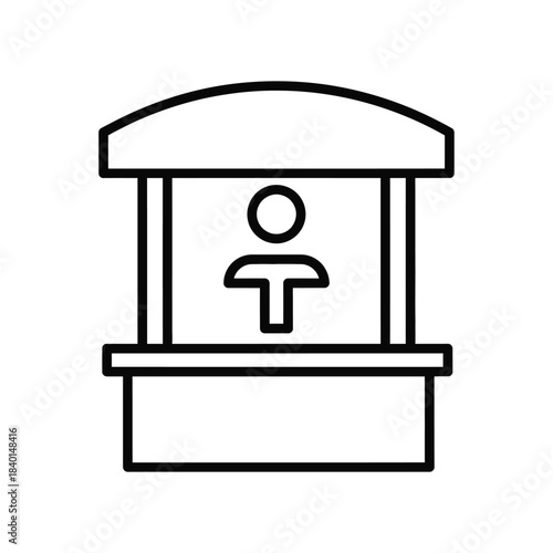 a simple black and white line drawing shows a booth with a stick figure inside suggesting a service point or window