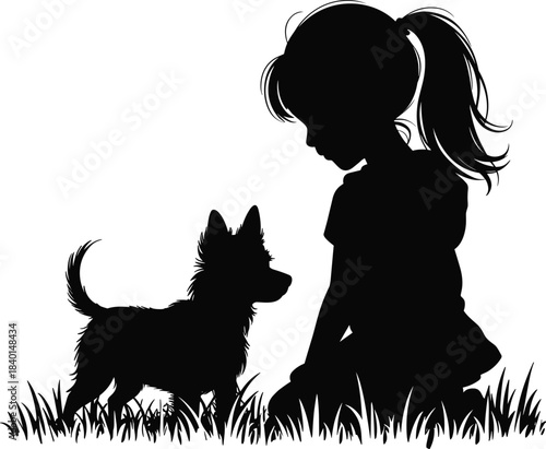 Silhouette, girl, dog, sitting, grass, friendship, pet, child, animal, outdoor, peaceful, bond, nature, black, white, moment, interaction, ponytail, companion, innocence