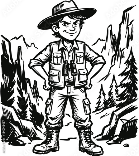 Confident Explorer Character with Wide-Brim Hat & Binoculars around neck.