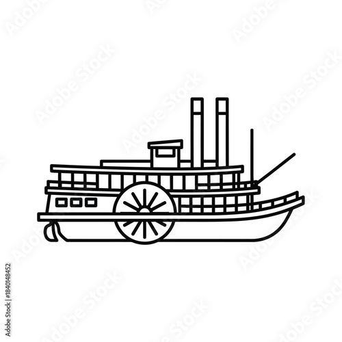 a detailed line drawing showcases a classic paddle steamer boat featuring prominent paddle wheels and multiple deck levels offering a vintage