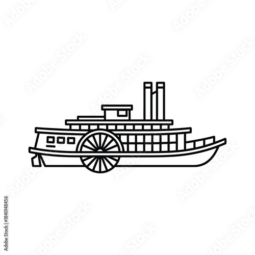 a simple black and white line drawing depicts a classic paddle steamer boat showcasing its detailed structure and vintage design