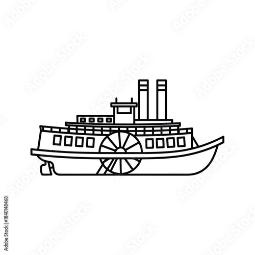 a detailed line drawing depicts a classic paddle steamer boat with smokestacks windows and a large paddle wheel on the side