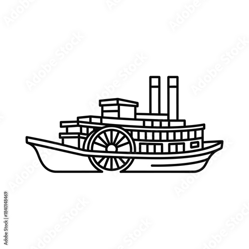 a simple black and white line drawing depicts a vintage paddle steamer boat showcasing its historical design with detailed structures