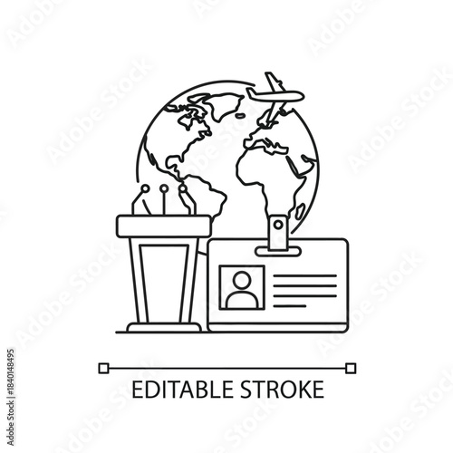 A simple line illustration depicts a globe a speaker s podium an identification card and an airplane symbolizing global communication and international