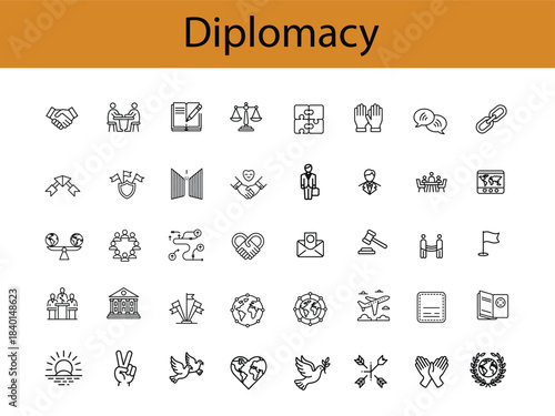 Diplomacy and International Relations Icon Set with Title handshake meeting