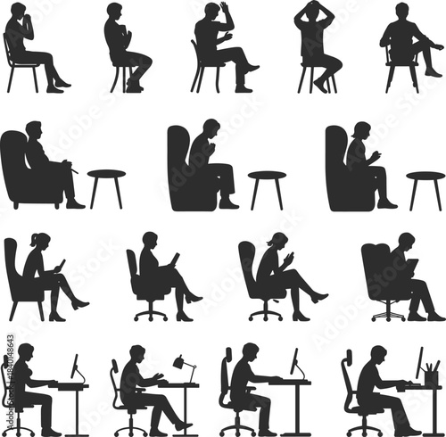 Sitting, posture, silhouette, people, chair, armchair, office, desk, reading, thinking, relaxing, working, black, white, graphic, activity, tablet, computer, ergonomic, illustration