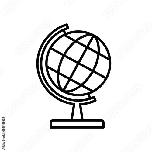 a simple black and white line drawing depicts a vintage terrestrial globe resting on a stand symbolizing global connections and geography