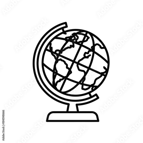 A simple black and white line drawing depicts a traditional globe with visible continents and gridlines resting on a pedestal base