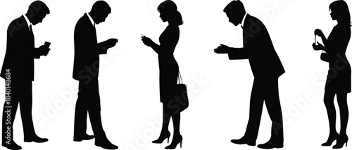 Smartphone, addiction, silhouette, people, business, posture, mobile, device, black, white, technology, interaction, modern, graphic, focus, isolation, digital, distraction, illustration, standing