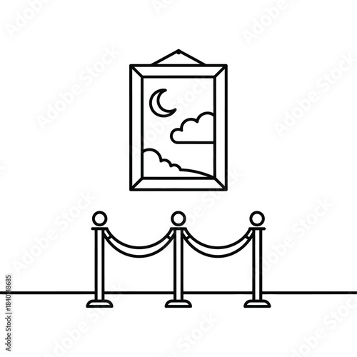 a simple line drawing depicts a framed artwork of a crescent moon and clouds displayed in a gallery setting with stanchions