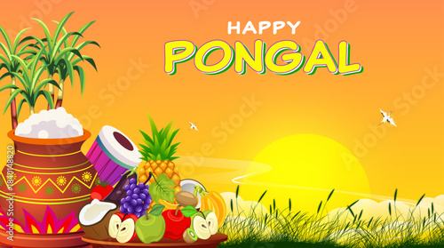 Happy Pongal Sunset Scene with Harvest Crops, Pongal Pot, Sugarcane, and Fruits. Indian Harvest Festival Poster Design Vector Illustration 
