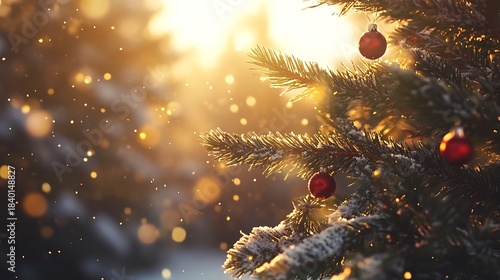 Pine tree focus with holiday red baubles golden glow and snow