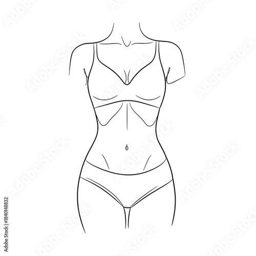a minimalistic line drawing depicts a female torso and lower body wearing a simple bikini swimsuit highlighting form high quality professional