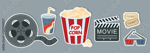 Set of stickers with cinema and movie elements. Popcorn bucket, film reel, soda cup, clapperboard, movie tickets and 3D glasses 