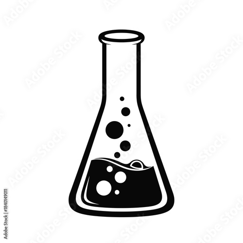 a simple black and white illustration of a conical flask containing a dark liquid with bubbles rising inside it high quality