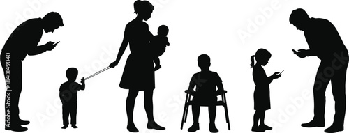 Technology, silhouette, family, smartphone, child, adult, posture, black, white, behavior, addiction, interaction, mobile, screen, lifestyle, graphic, illustration, dependency, modern, social