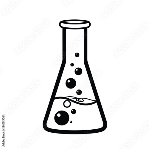 a simple black and white illustration depicts an erlenmeyer flask containing a liquid with several bubbles inside representing a scientific experiment