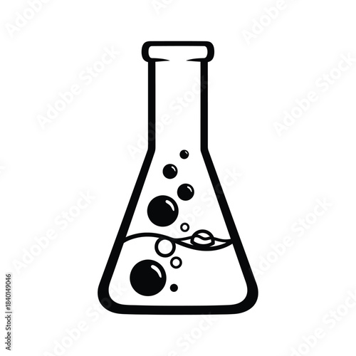a simple black and white illustration depicts a conical flask containing a bubbling liquid showcasing scientific experimentation and chemistry concepts visually