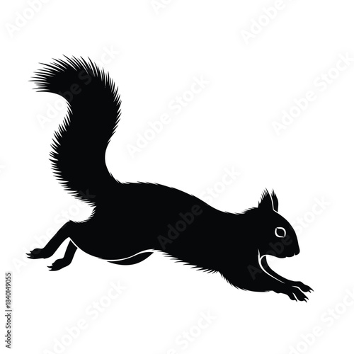 a detailed black silhouette of a squirrel in mid leap showcasing its bushy tail and focused movement is prominently displayed against a