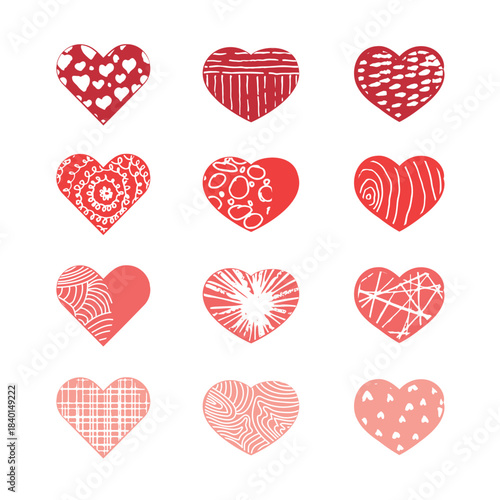 A set of hand-drawn red hearts with a soft, brush-stroke texture.