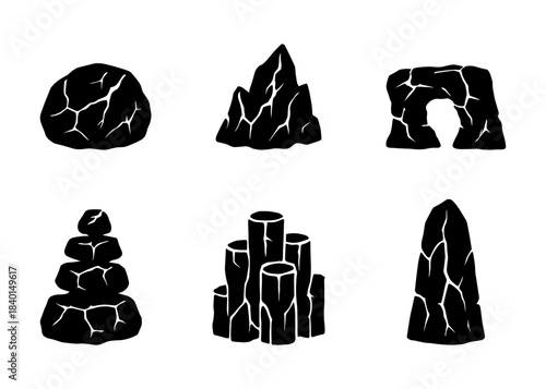 Rock formations silhouette icons set, cracked boulder, stone arch and basalt columns