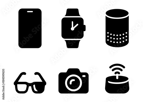 Smart gadgets silhouette icons set, smartphone, smartwatch and voice speaker