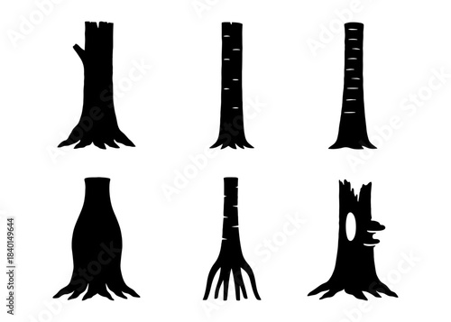 Tree trunks silhouette icons set, forest stumps and broken trees