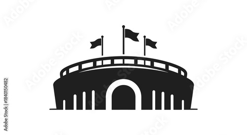 A striking black silhouette of a stadium with flags flying proudly above it silhouette