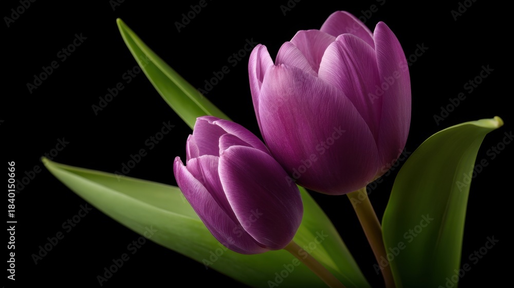 Fototapeta premium Delicate Purple Tulips Blooming Elegantly Amidst Green Leaves Against a Black Background, Showcasing Nature's Beauty and Floral Grace