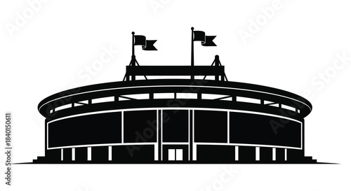A striking black silhouette of a classic stadium with flags evoking a sense of history