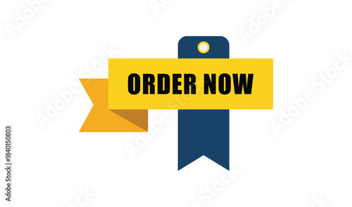 Yellow ribbon banner with order now text and blue ribbon