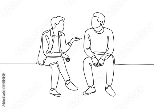Two people sitting and talking, rendered in a minimalist continuous line art style, symbolizing communication and connection