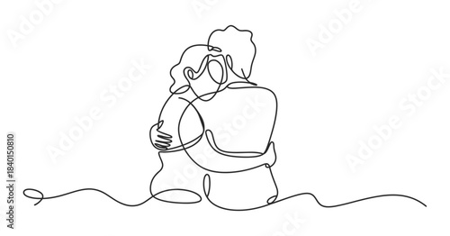 Couple embracing in continuous line art style, a tender moment of connection and love depicted with a single, unbroken line, minimalist aesthetic.