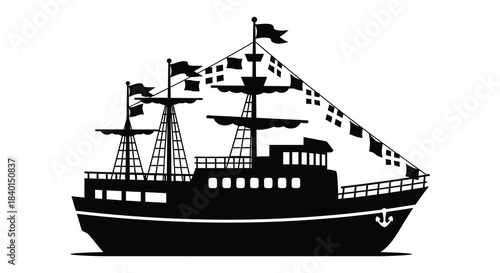 a detailed black ship with multiple masts and flags presented as a striking silhouette