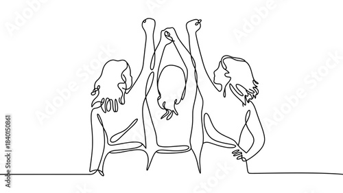 Three women arms raised in solidarity, continuous line art illustration symbolizing unity, empowerment, and support, minimalist aesthetic.