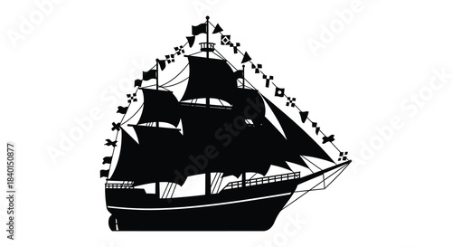 a majestic tall ship with detailed rigging and billowing sails presented as a silhouette