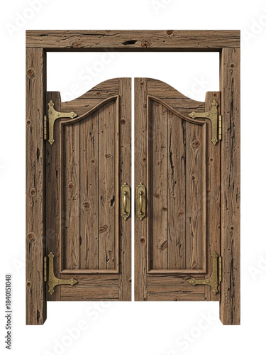 Rustic wooden saloon swinging doors with antique brass hardware isolated