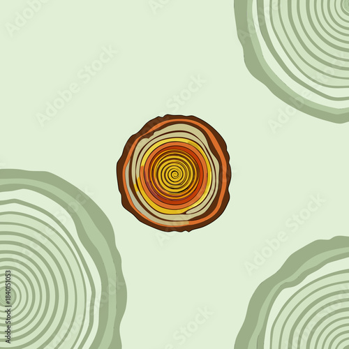 Vibrant illustration of tree rings in shades of orange, yellow, and brown on a light green background with two partial rings