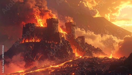 Castle ablaze amid flowing lava, volcano backdrop, warm colors, cloudy sky. Epic fantasy landscape