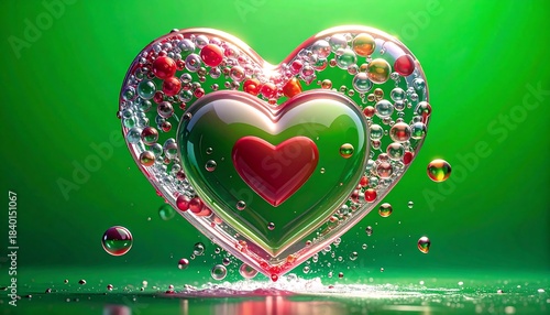 Clear heart-shaped object filled with colorful bubbles against a bright green backdrop, resting on a reflective surface