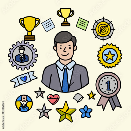 A cartoon illustration of a smiling business man surrounded by various achievement symbols and awards in a colorful and dynamic composition